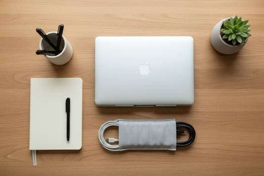 Escritorio de home office organizado y minimalista con accesorios de escritorio, soporte para notebook y organizador de cables